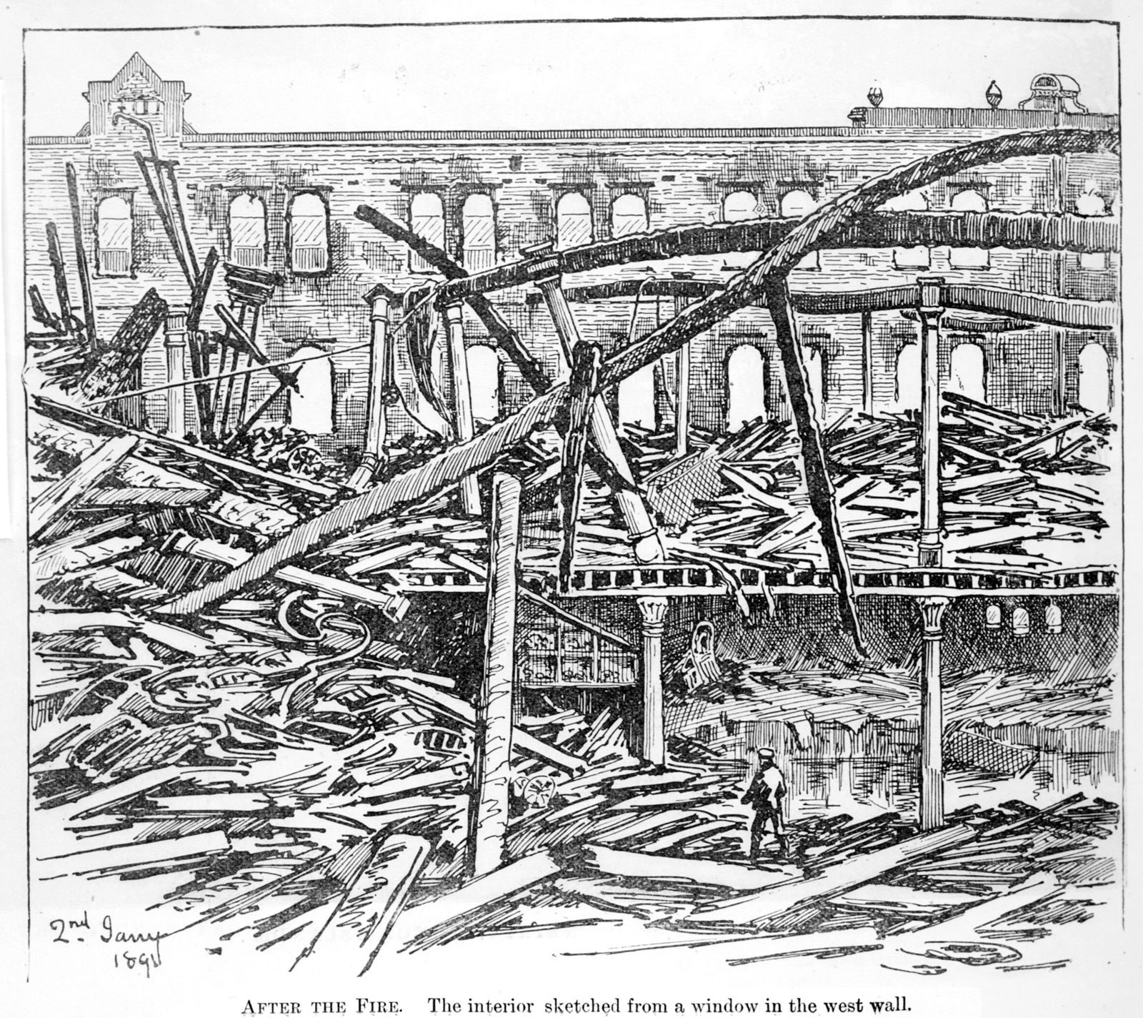 Pen drawing of fallen beams and floors heaped inside the standing brick walls.