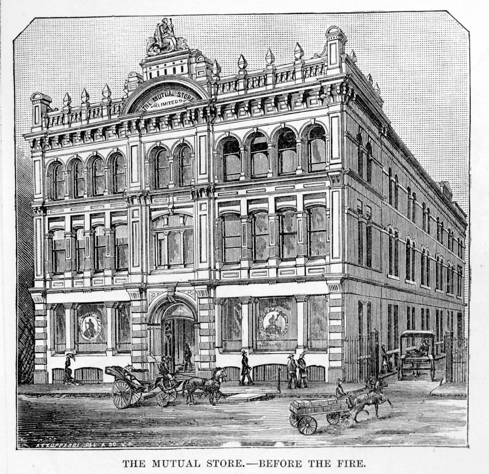 Wood engraving of the old Mutual Store, a three-storey corner building with horse-drawn carriages in the street.